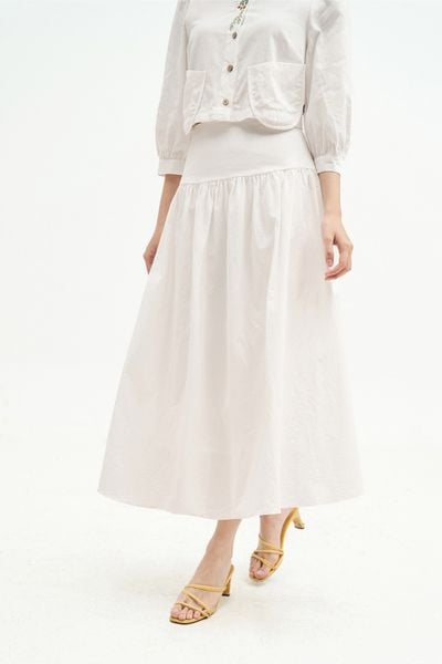 Chân váy midi thô poplin trắng can tùng