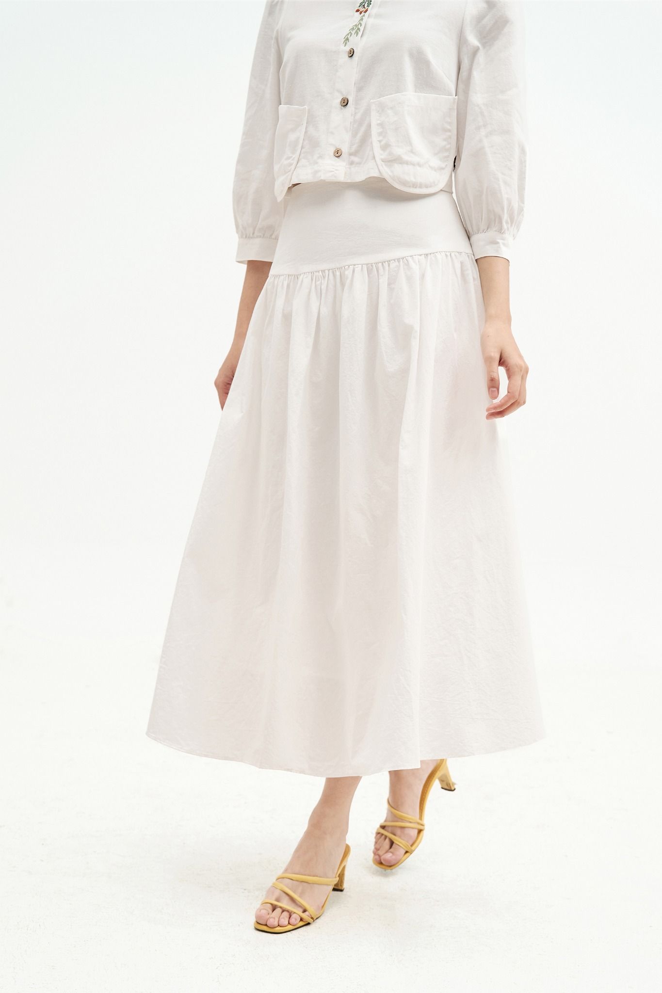 Chân váy midi thô poplin trắng can tùng