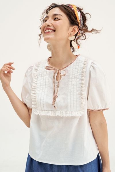 Áo top thô bamboo trắng viền karo đỏ