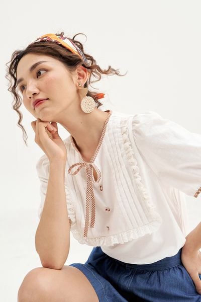 Áo top thô bamboo trắng viền karo đỏ