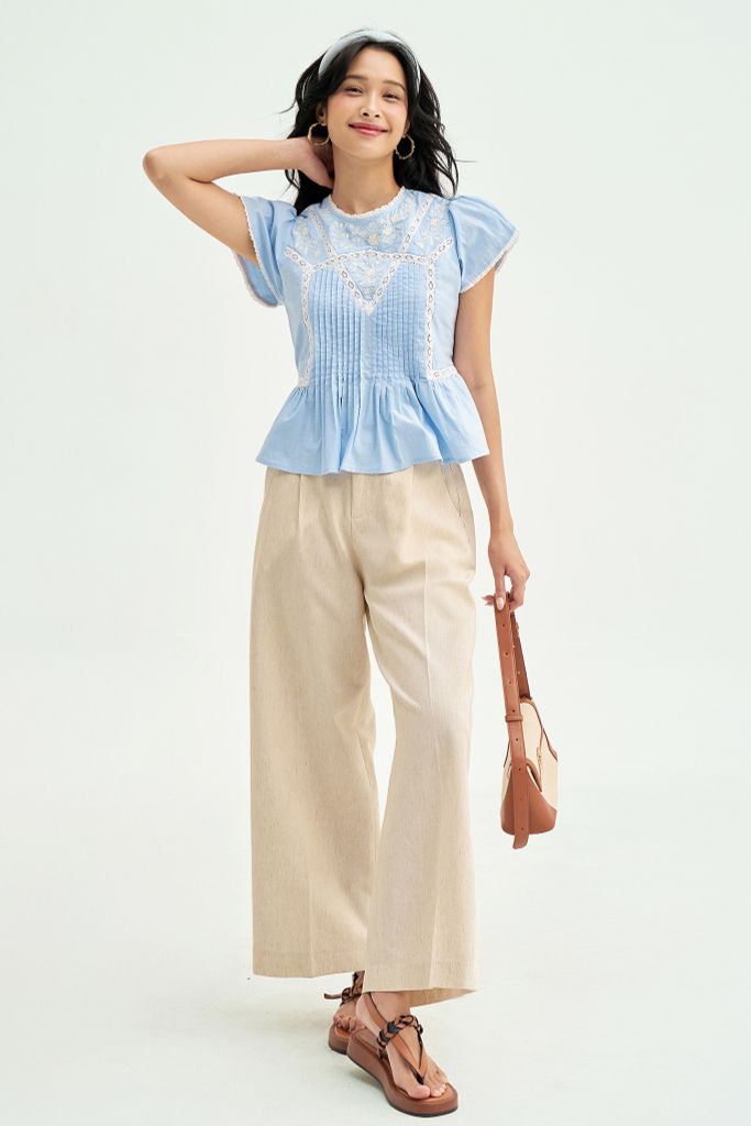 Peplum xanh thêu phối ren trắng