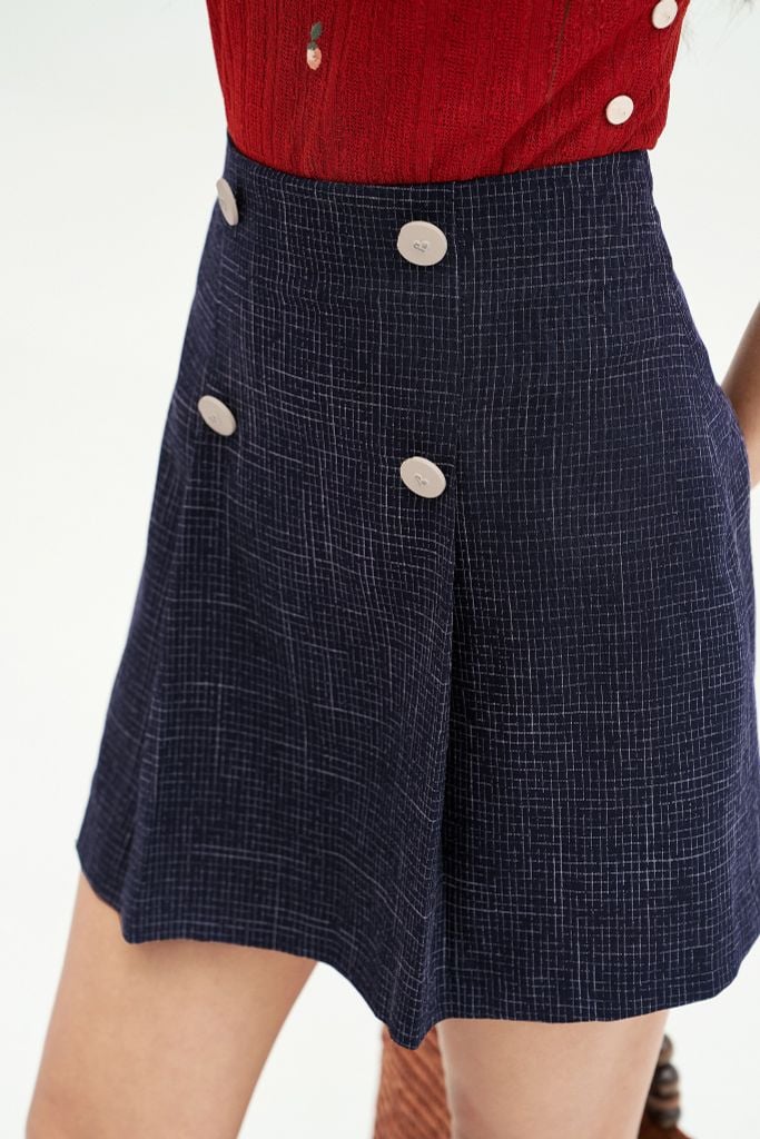 Chân váy mini xoè tech karo nhí navy xếp ly sườn