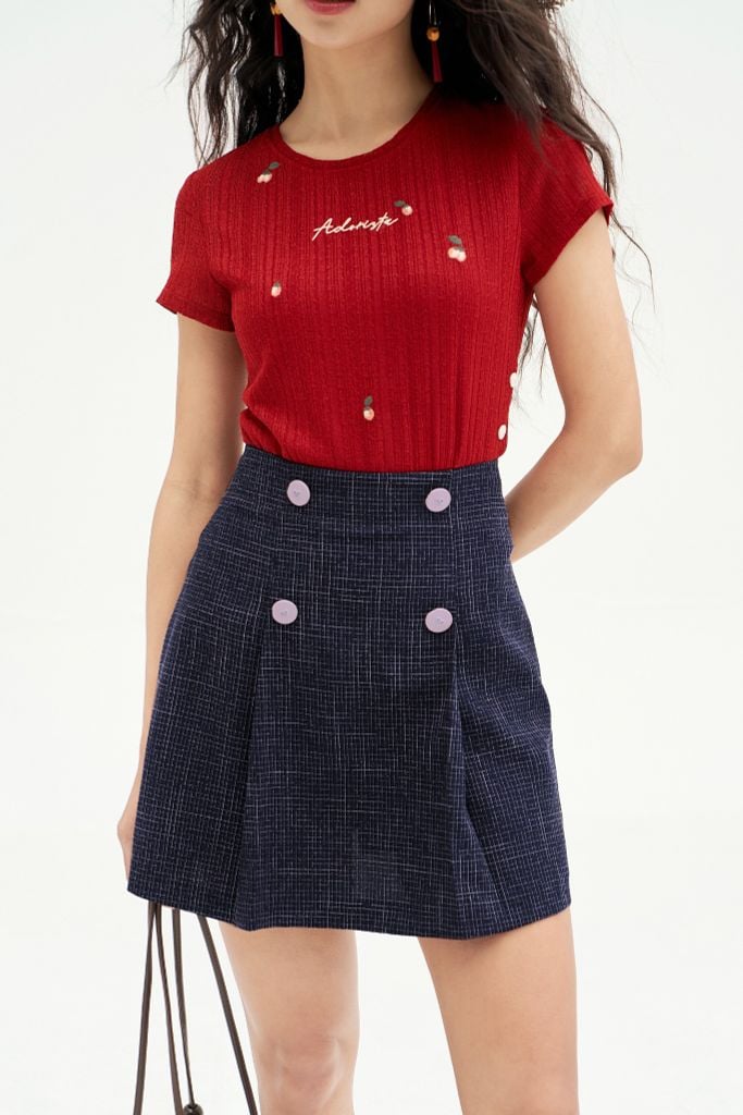 Chân váy mini xoè tech karo nhí navy xếp ly sườn