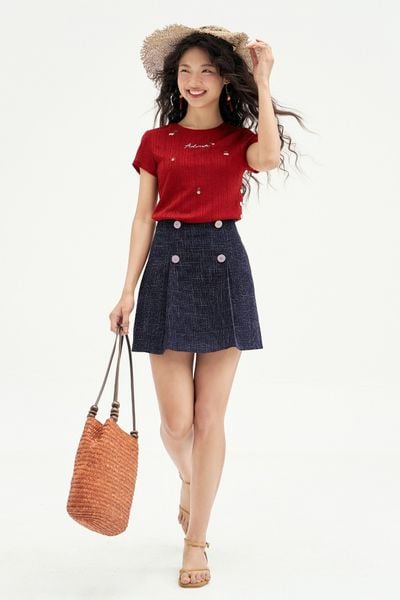 Chân váy mini xoè tech karo nhí navy xếp ly sườn