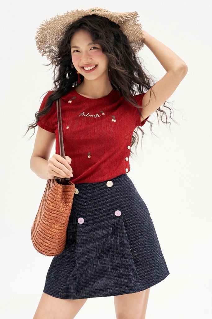 Chân váy mini xoè tech karo nhí navy xếp ly sườn