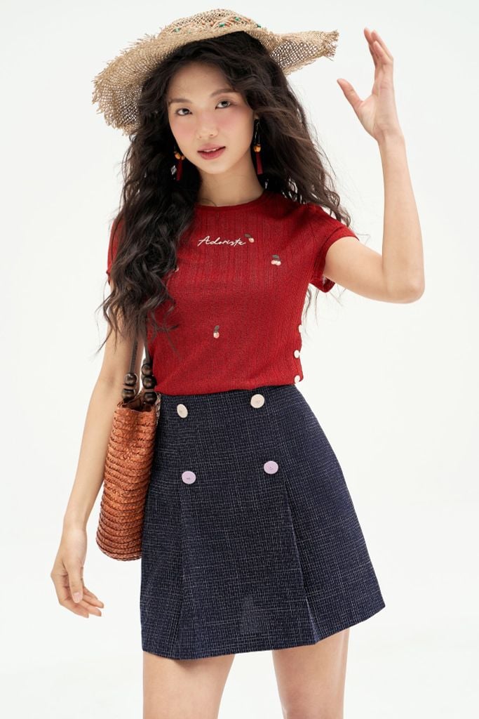 Chân váy mini xoè tech karo nhí navy xếp ly sườn