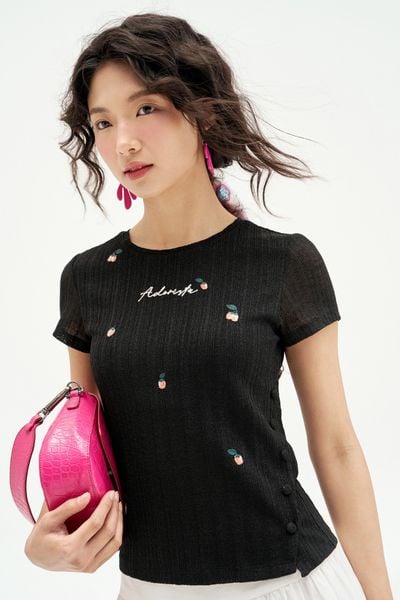 Áo top len ren đen thêu random khuy sườn