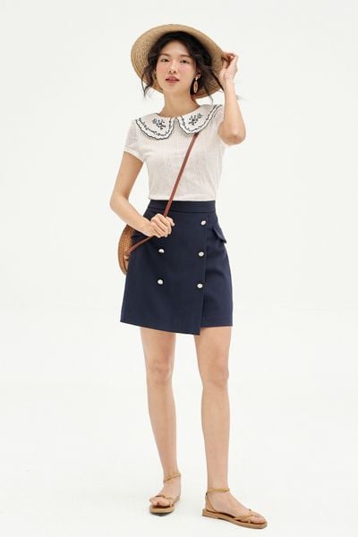 Áo top len ren trắng phối cổ thêu