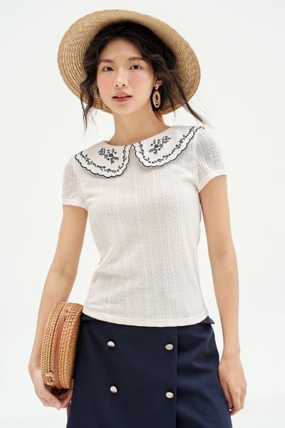 Áo top len ren trắng phối cổ thêu