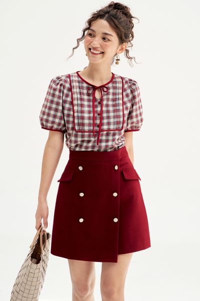 Chân váy mini A dạ mỏng đỏ đô 6 khuy