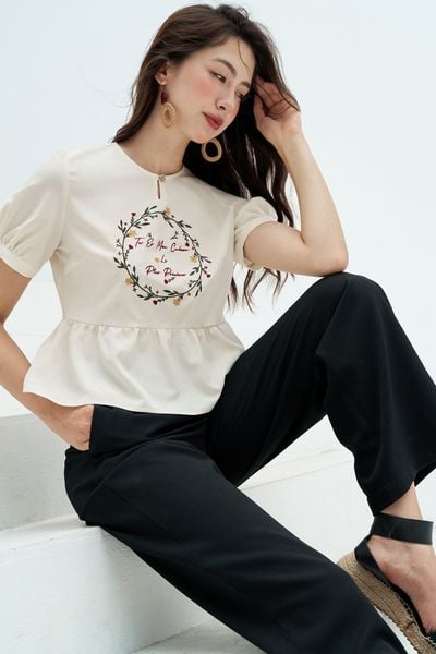 Peplum trắng kem thêu vòng nguyệt quế
