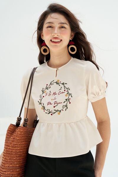 Peplum trắng kem thêu vòng nguyệt quế