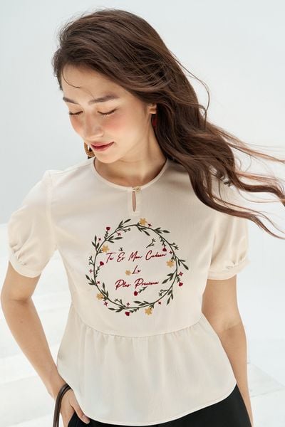 Peplum trắng kem thêu vòng nguyệt quế