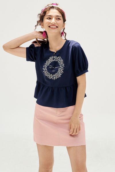 Peplum navy thêu vòng nguyệt quế