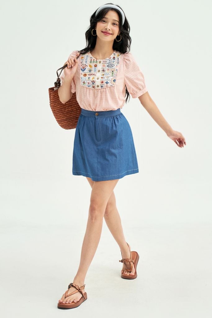 Chân váy mini xoè thô denim xanh chàm