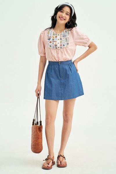 Top karo hồng thêu yếm cổ