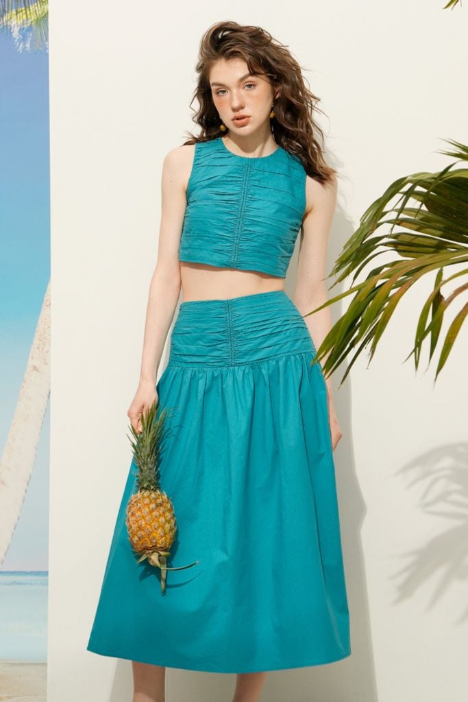 Chân váy maxi xanh xếp nhún cạp