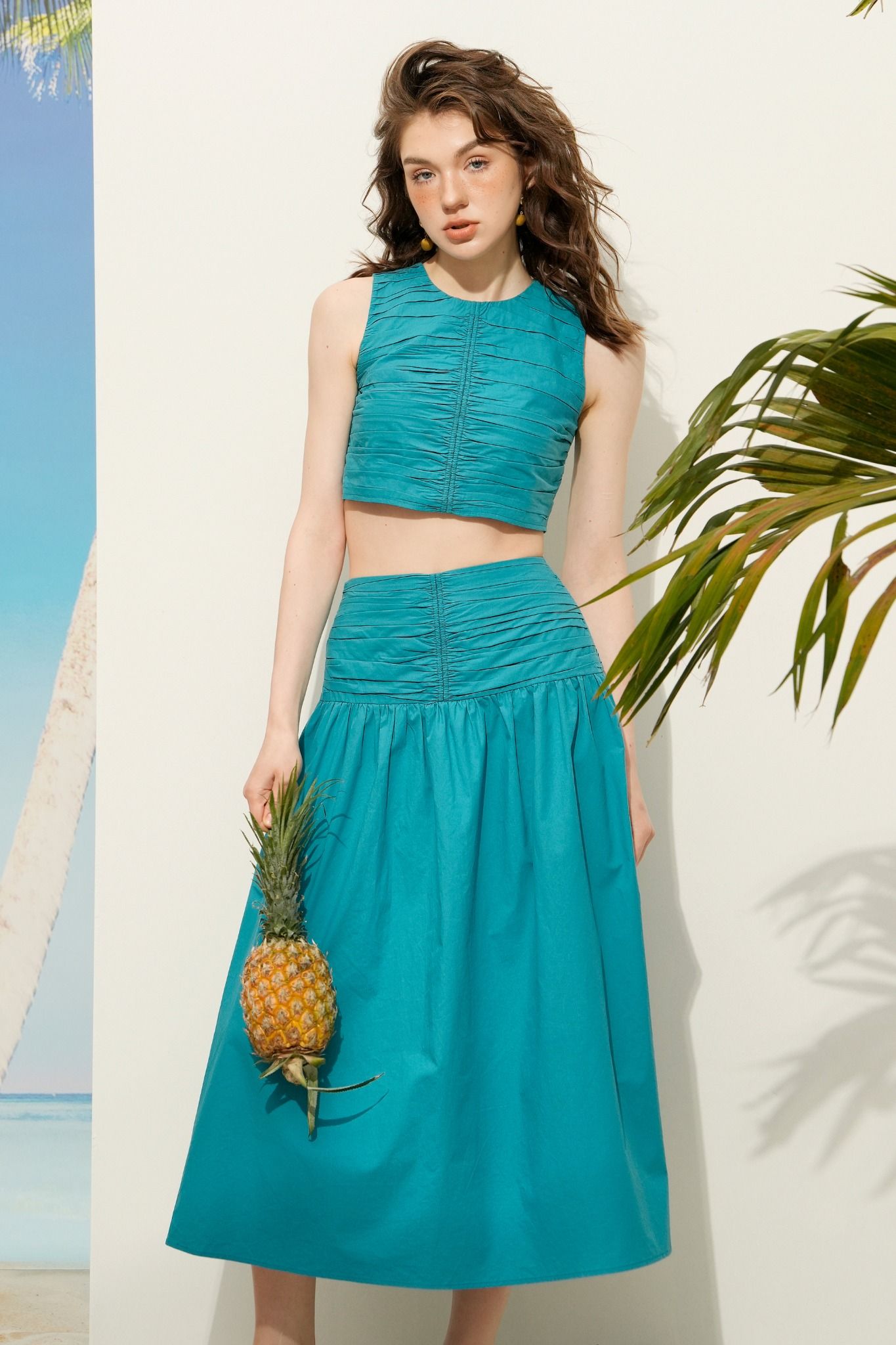 Chân váy maxi xanh xếp nhún cạp