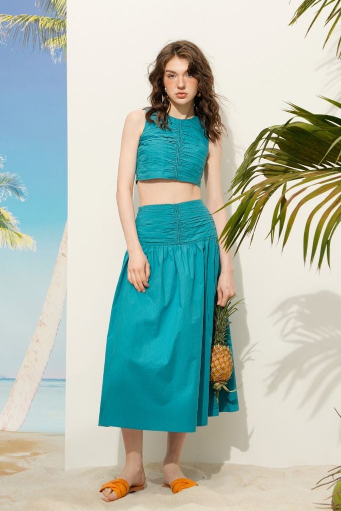 Áo Top xanh xếp nhún thân trước