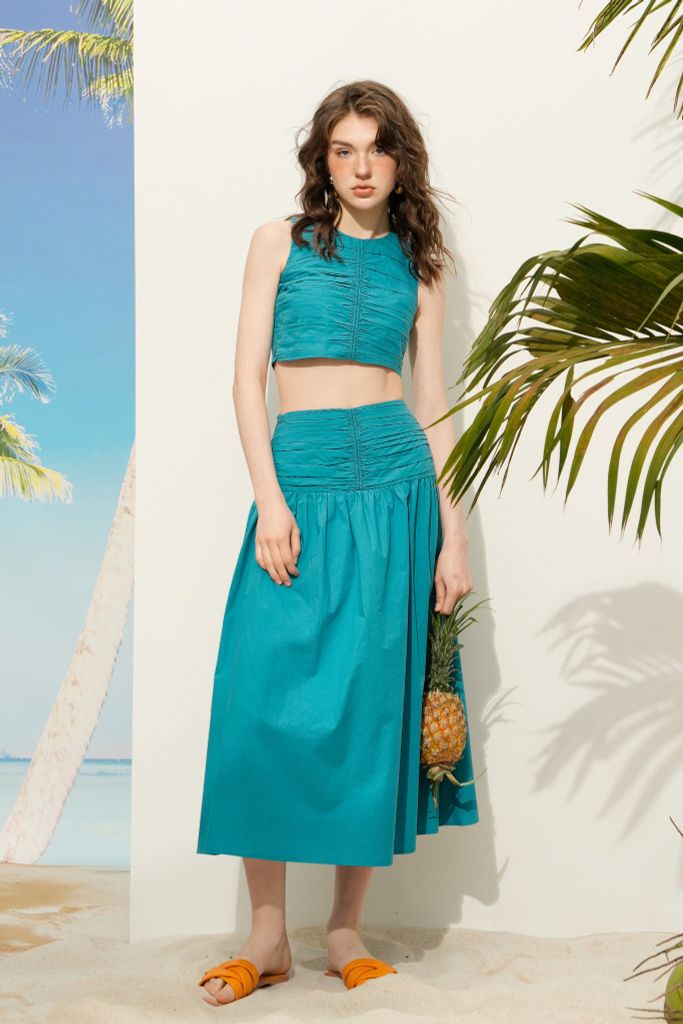 Chân váy maxi xanh xếp nhún cạp