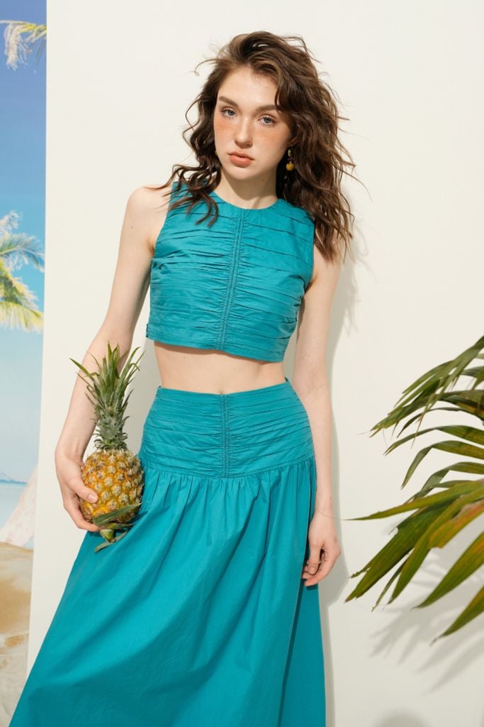 Áo Top xanh xếp nhún thân trước