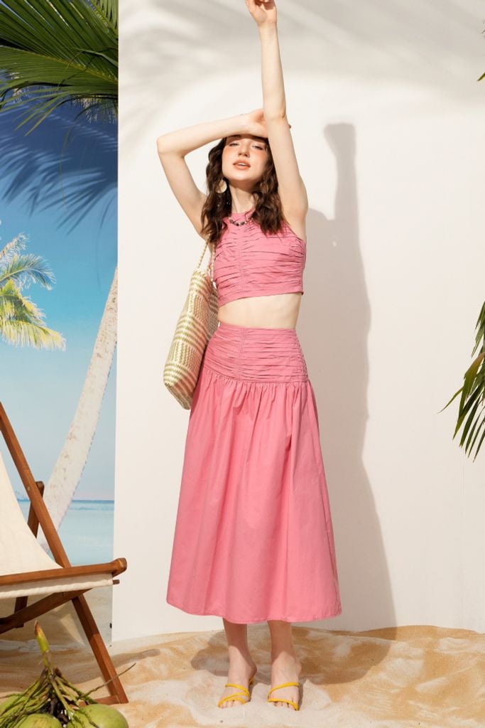 Chân váy maxi hồng xếp nhún cạp