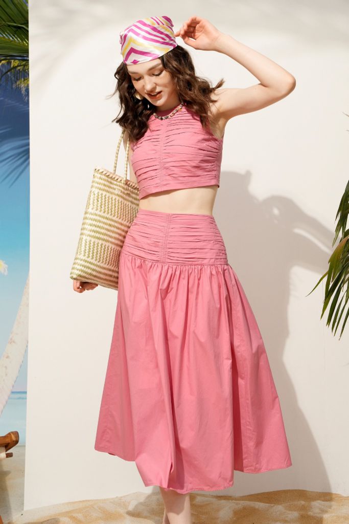 Chân váy maxi hồng xếp nhún cạp