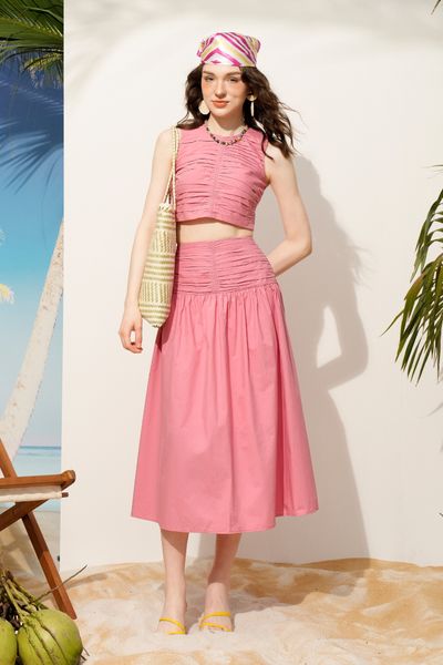 Chân váy maxi hồng xếp nhún cạp