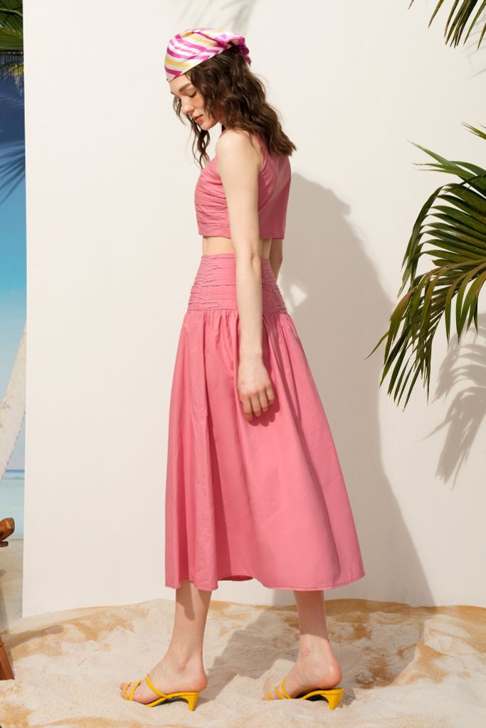 Chân váy maxi hồng xếp nhún cạp