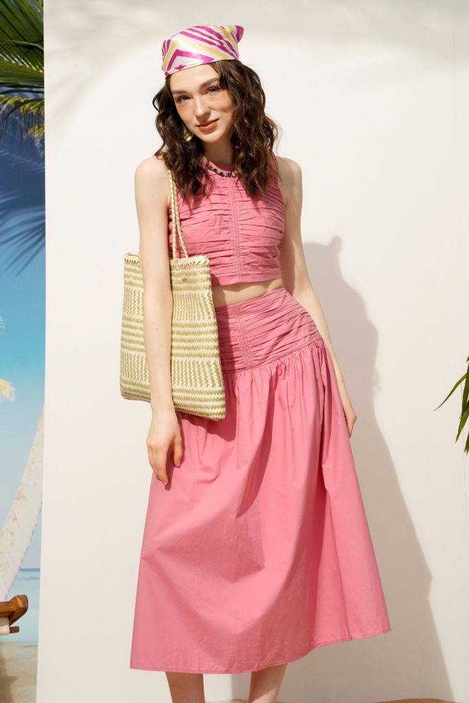 Chân váy maxi hồng xếp nhún cạp