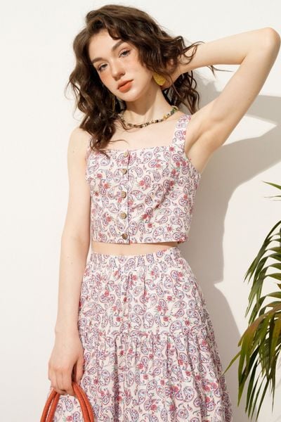 Áo crop hàng khuy paisley hồng