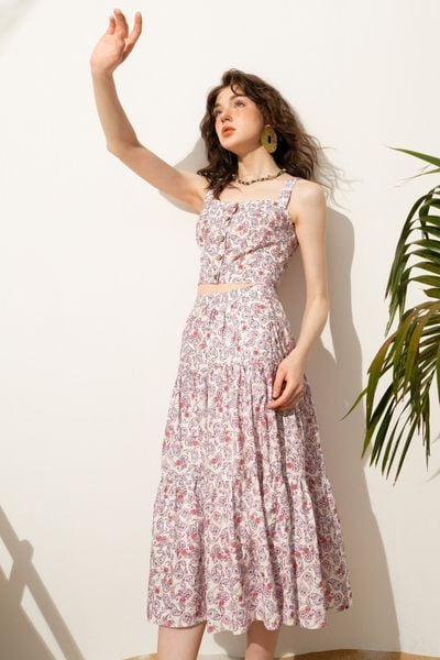 Chân váy midi nối tầng paisley hồng