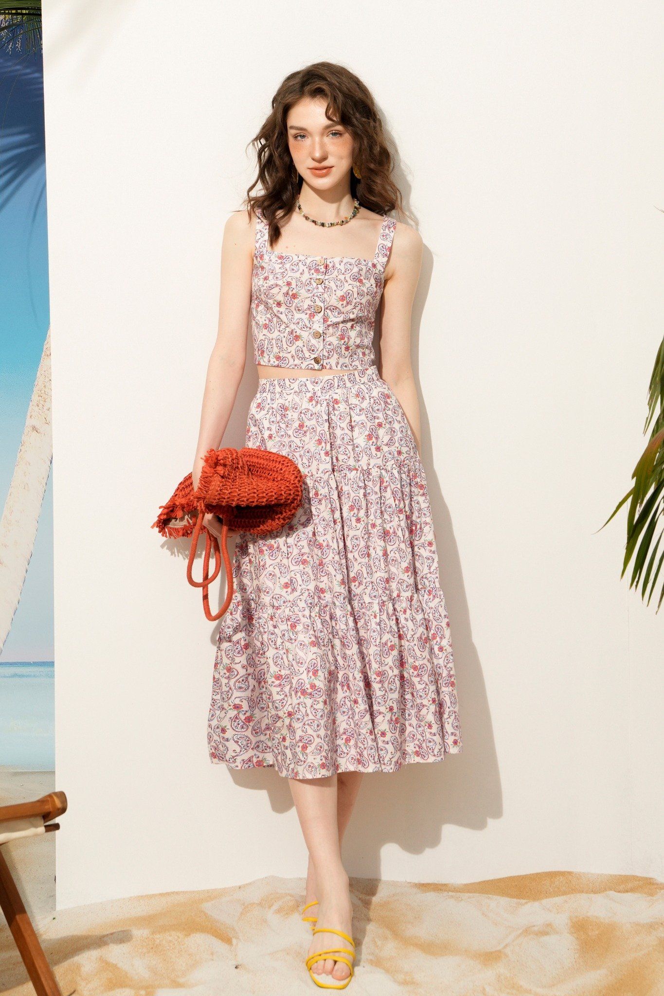 Chân váy midi nối tầng paisley hồng