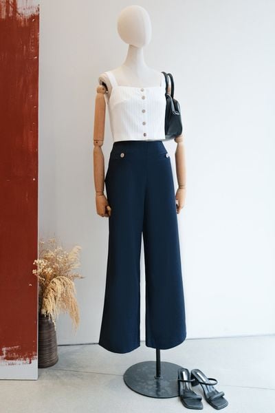 Quần ống rộng navy cạp liền phối khuy