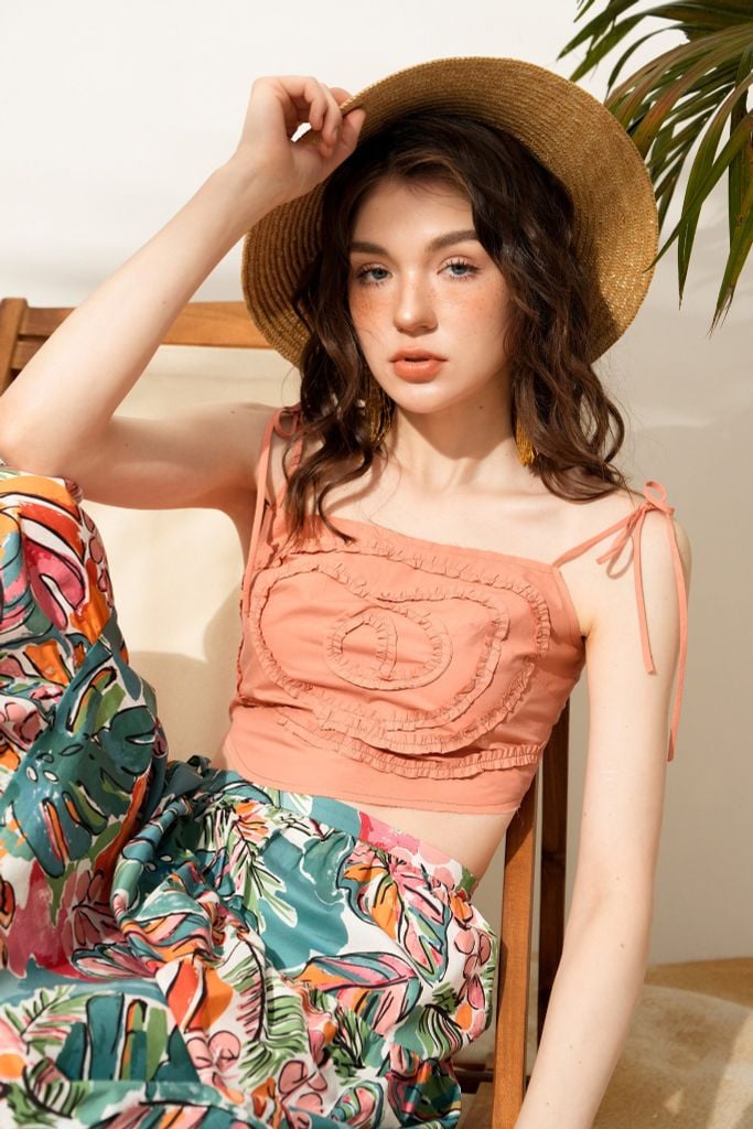 Áo Top 2 dây cam đào chạy dây trang trí