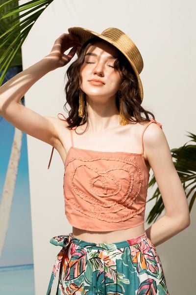 Áo Top 2 dây cam đào chạy dây trang trí