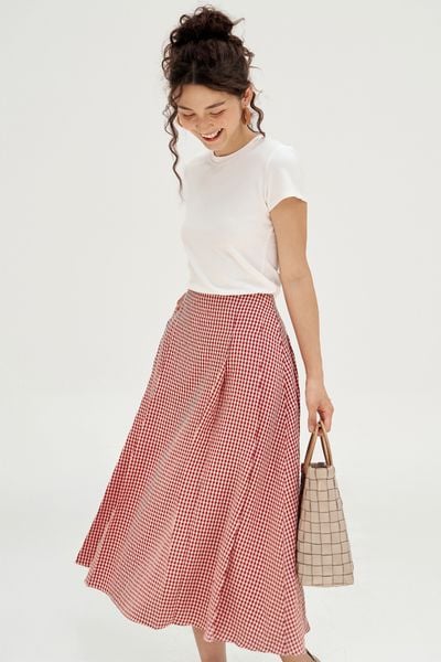 Chân váy midi karo nhí đỏ xếp ly