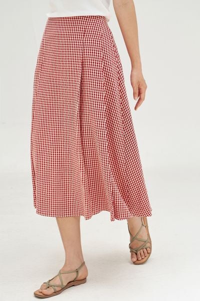 Chân váy midi karo nhí đỏ xếp ly
