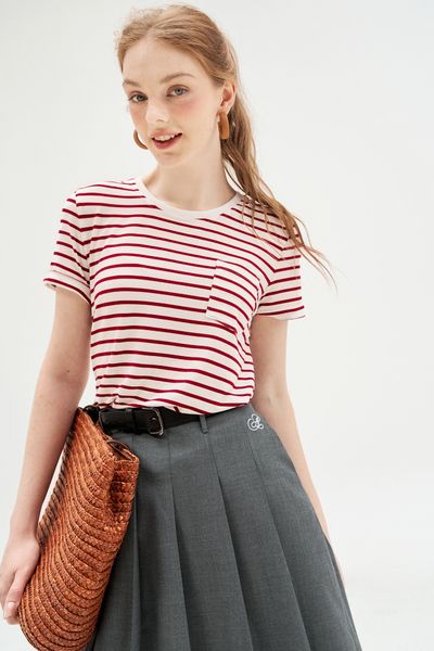 T-shirt basic túi ốp kẻ đỏ