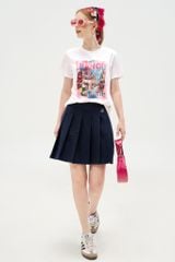 Chân váy midi tuytsy navy xếp ly thêu cạp