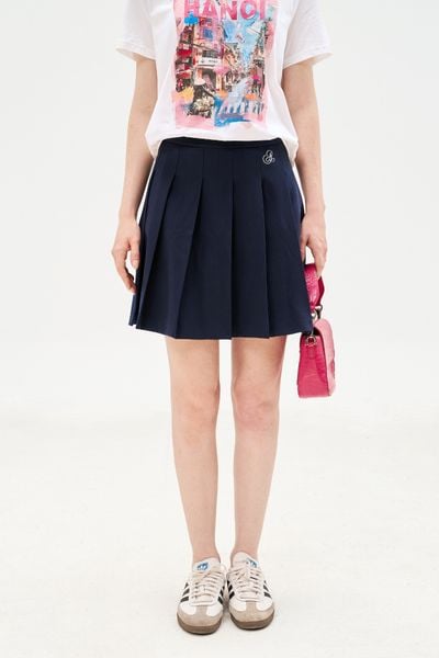 Chân váy midi tuytsy navy xếp ly thêu cạp