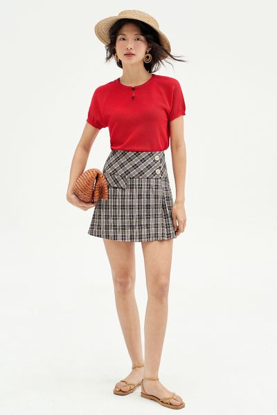 Chân váy mini A karo xanh xếp ly lệch