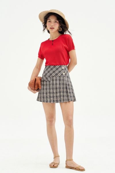 Chân váy mini A karo xanh xếp ly lệch