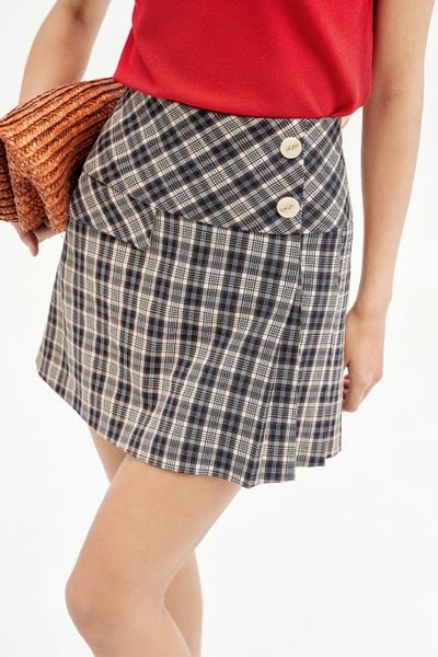 Chân váy mini A karo xanh xếp ly lệch