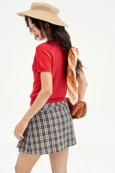 Chân váy mini A karo xanh xếp ly lệch