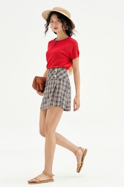Chân váy mini A karo xanh xếp ly lệch