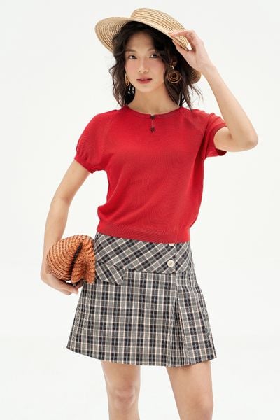 Chân váy mini A karo xanh xếp ly lệch