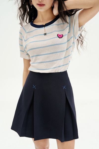Chân váy mini xoè poly xốp navy thêu túi