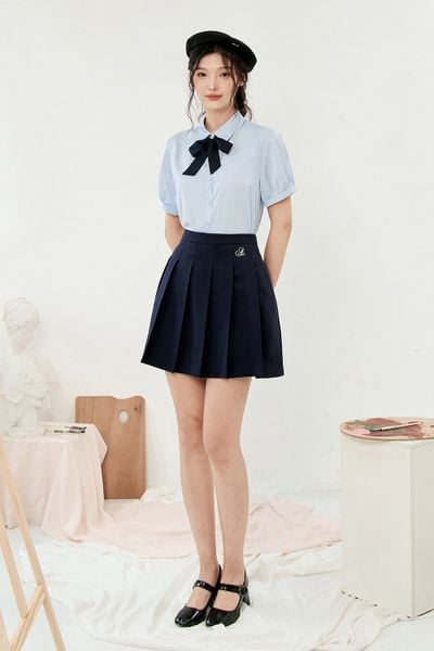 Chân váy midi tuytsy navy xếp ly thêu cạp