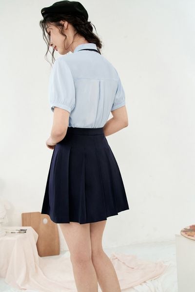 Chân váy midi tuytsy navy xếp ly thêu cạp
